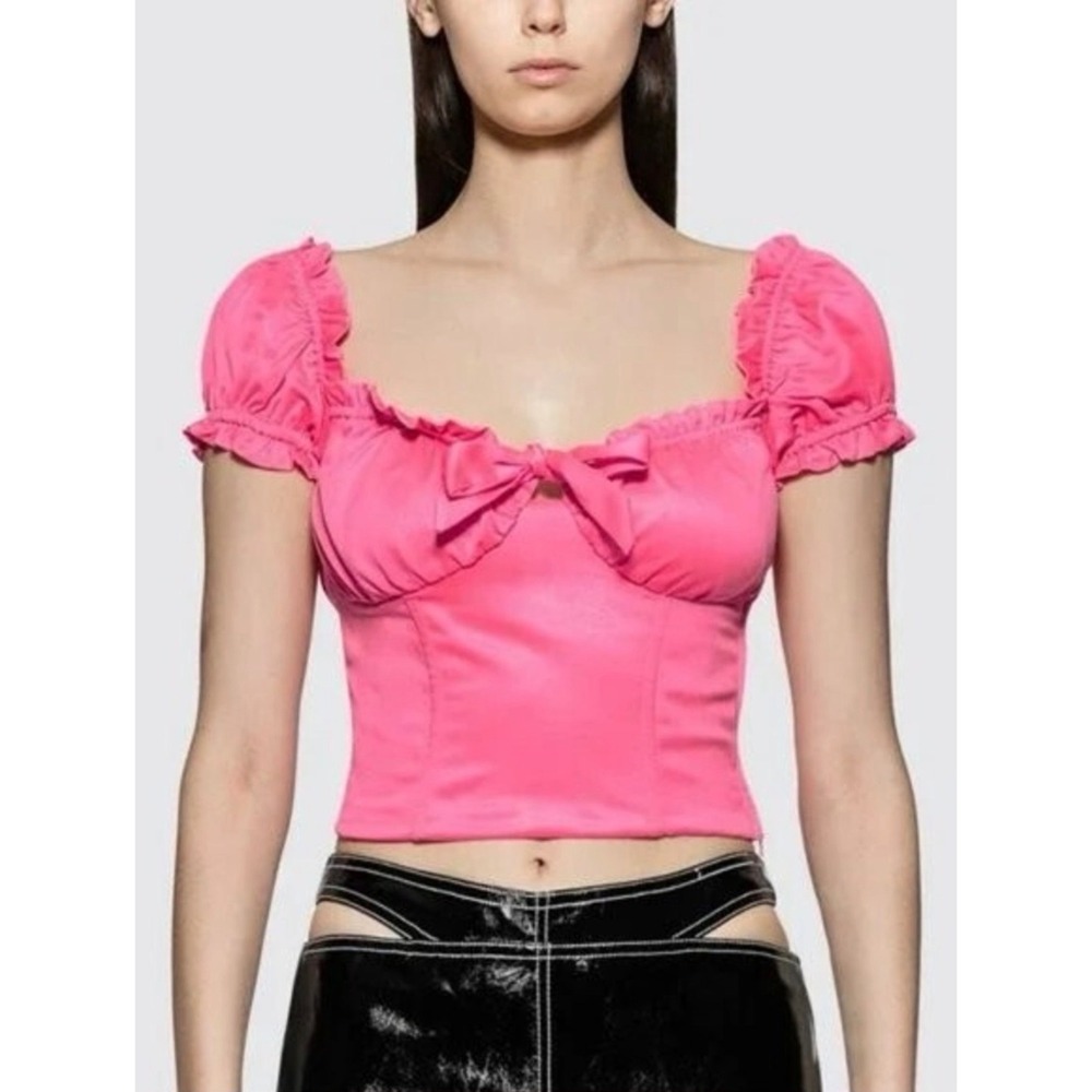 I.AM.GIA Naomi Ruffle Bustier Crop Top Pink Satin Puff Sleeve Size M